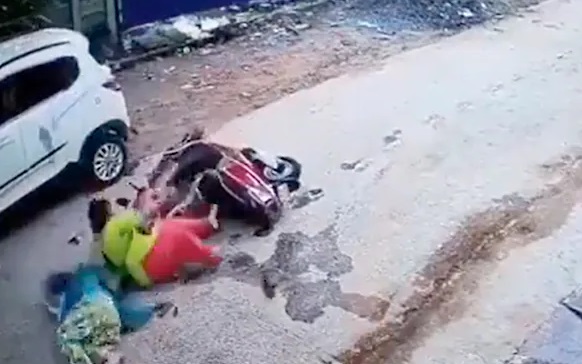 آوارہ کتوں سے بچنے کے لیے اسکوٹی سوار خاتون نے کار کو ٹکر ماری