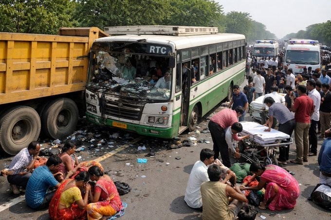 سنگاریڈی میں کھڑی ٹِپّر سے آر ٹی سی بس ٹکرا گئی، 22 مسافر زخمی