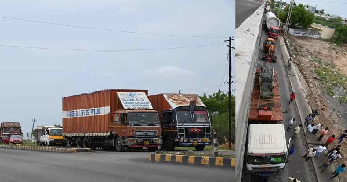 تلنگانه : زیر تعمیر فلائی اوور کی دیوار سے بڑاٹرک ٹکرا گیا۔ تقریبا پانچ کلو میٹر تک ٹریفک جام