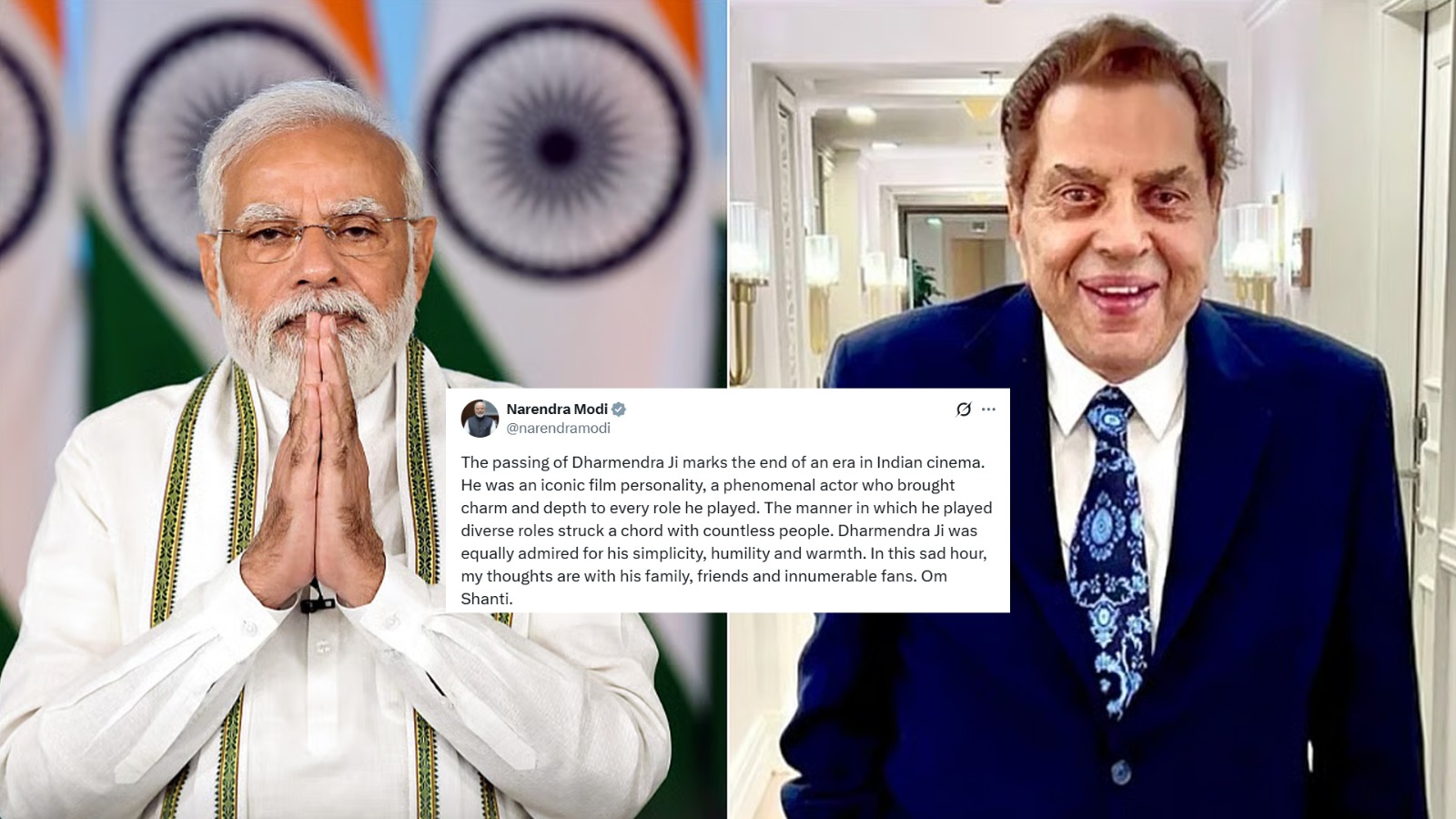 "ایک دور کا خاتمہ"۔ دھرمیندر کو پی ایم مودی کا دلی خراج عقیدت۔ وزیر اعظم نے لیجنڈری اداکار کے انتقال پر تعزیت کی۔