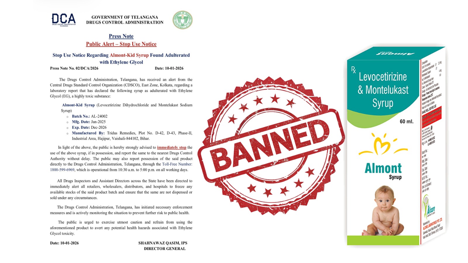 تلنگانہ ڈرگس کنٹرول کی آلمینٹ کِڈ سیرپ پر زہریلی ملاوٹ کے بعد فوری پابندی