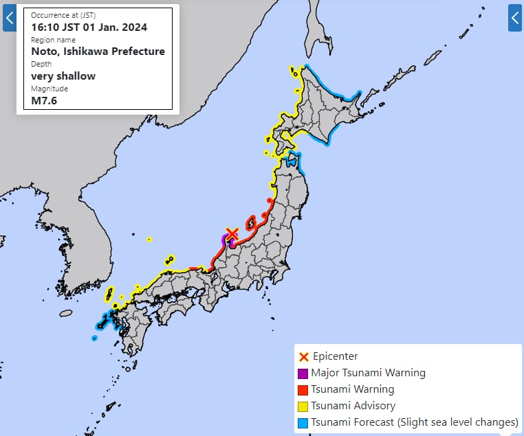 جاپان میں سال نو پر 7.5 شدت کا زلزلہ، سونامی کا الرٹ جاری