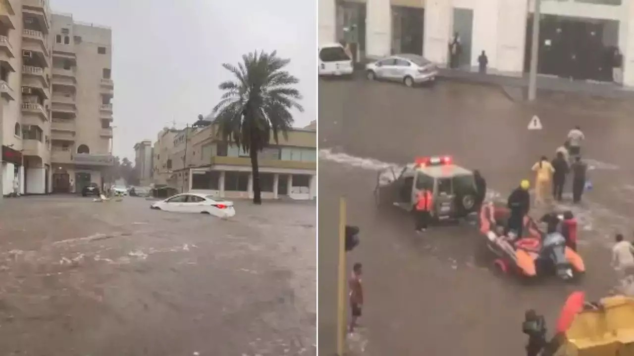 سعودی عرب کے شہر بریدہ میں شدید بارش کے باعث سڑکوں پر بڑا سیلاب